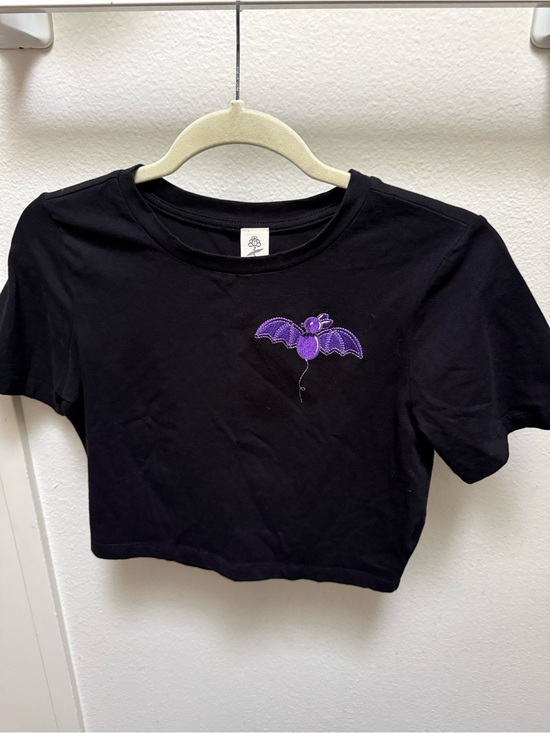 black thorn Tops - Black Crop Tee with Purple Bat Patch